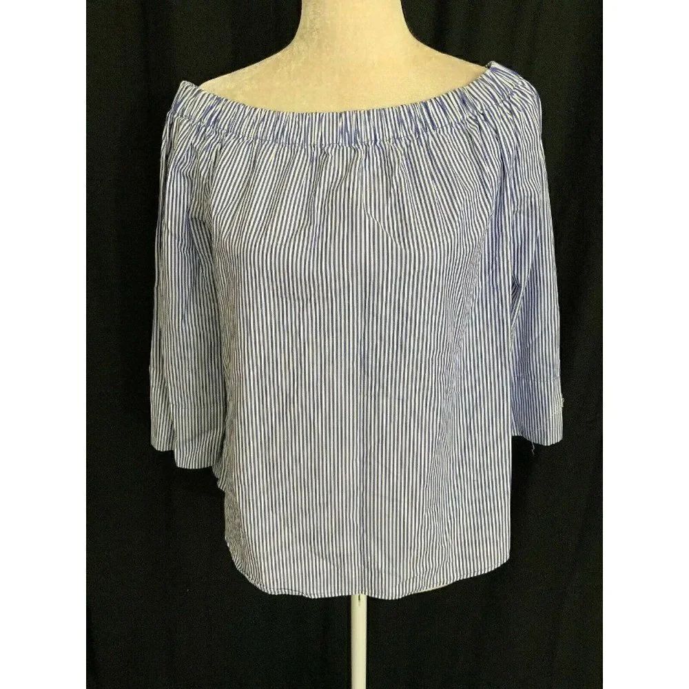 Zara Womens Blue White Striped Long Sleeve Cold Shoulder Top Medium